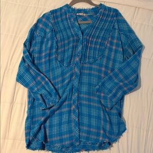 Free People Blue Plaid Button-Up Shirt with Pink Accent